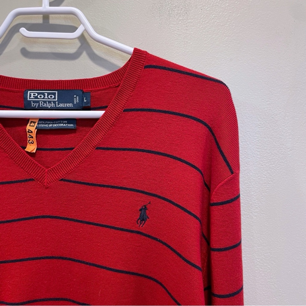 Ralph Lauren Red V-Neck Sweater with Black Stripes - Picture 3 of 6